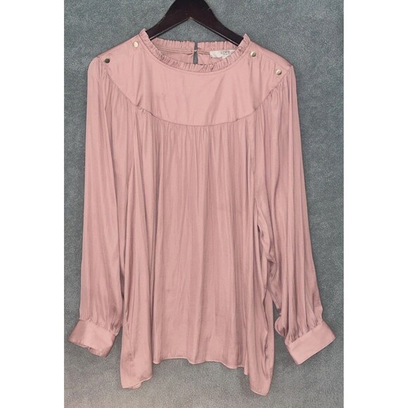 LOFT Plus Womens Top 22 Pink Blouse Ruffle Neck Career Office Flowy Semi Sheer - Picture 1 of 7